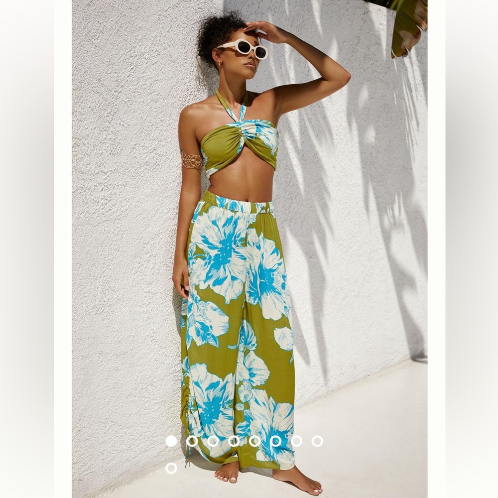 Anthropologie Floral Green Bra Top and Pant Set Size Medium